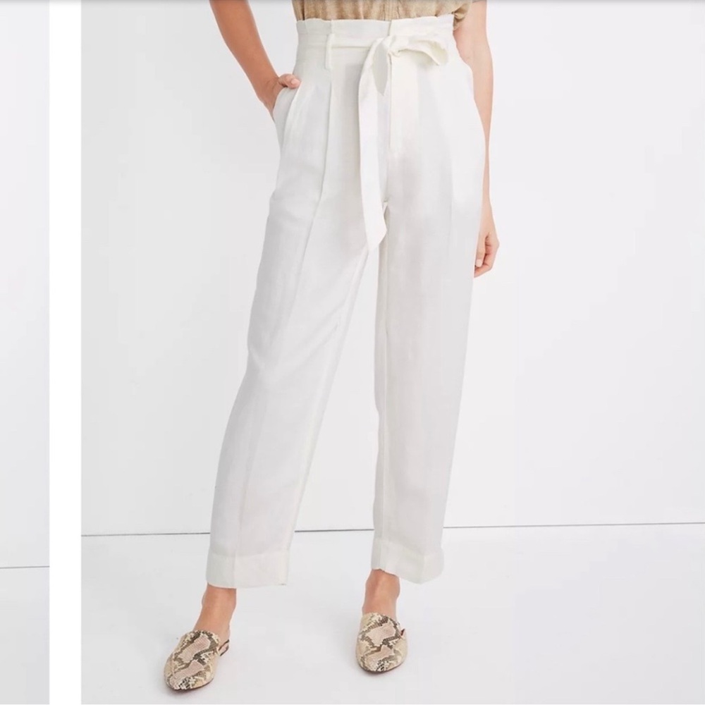 Madewell Linen Blend Paperbag Pants Size 10 NWT White Tapered Leg High Waist